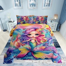 Mermaid Comforter Sets King Size Cartoon Princess Rainbow Mermaid Bedding Set...