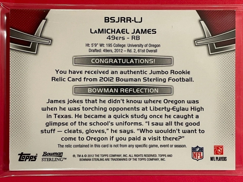 Bowman Sterling LaMichael James Jumbo 2012 reliquia de novato RC #BSJRR-LJ fútbol americano Foto 2 de 2