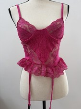 Vintage Pink Lace Ruffle Bustier Floral Sheer Underwired RN 61755 Small Coquette