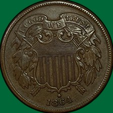 1864 Two Cent Piece Choice Almost Uncirculated AU+/UNC Coin #44784