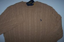 NWT Polo Ralph Lauren KHAKI CAMEL CABLE Knit Crew-Neck Sweater Men XL NAVY PONY
