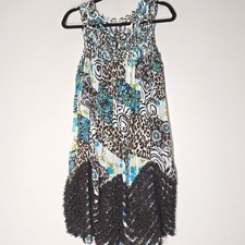 Vintage 90s Alberto Makali Sheer Chiffon Patchwork Fringe Mini Boho Dress Size S