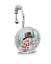 Christmas Shower Curtain Hooks Set of 12, Winter Snow Hat Snowman Bird Crysta...