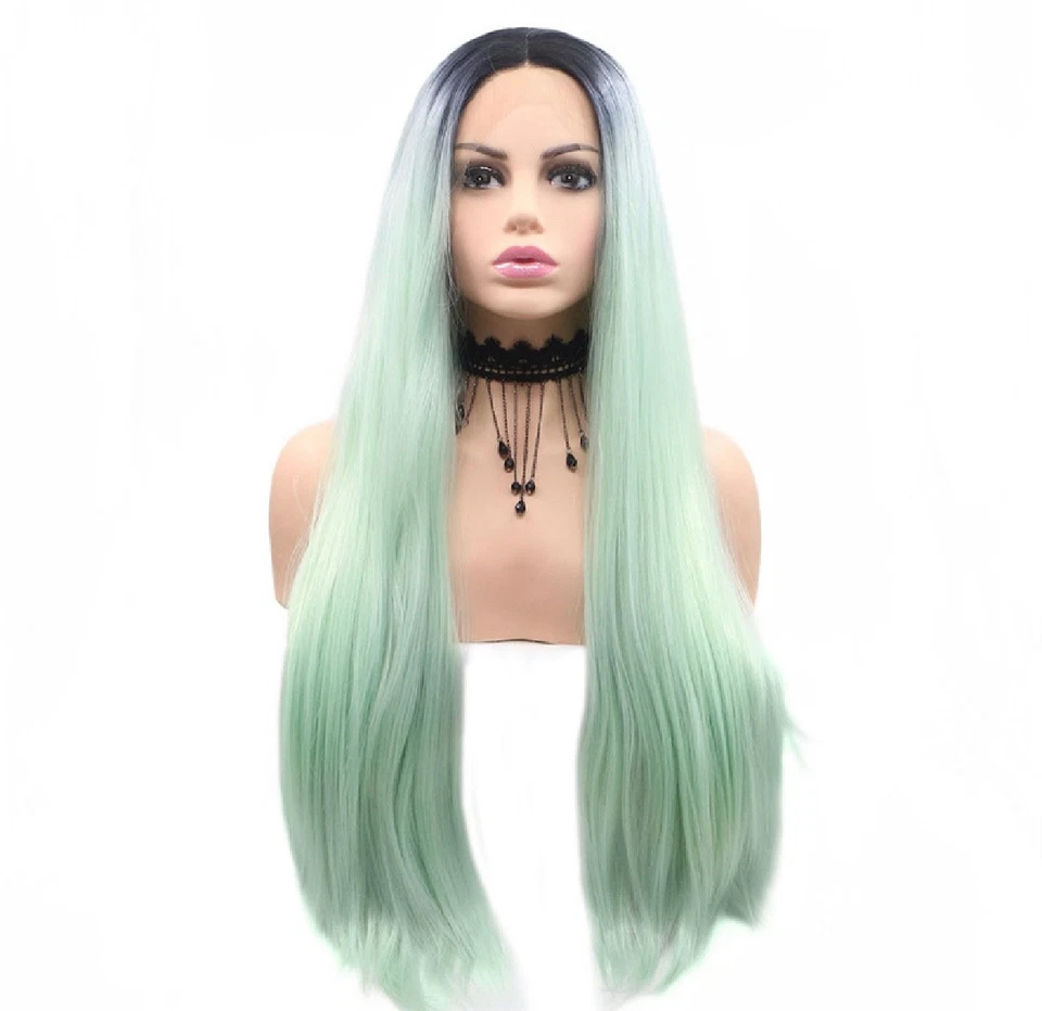 Peluca de encaje recto larga raíz ombre verde claro Kylie celebridad natural para mujer Foto 3 de 4