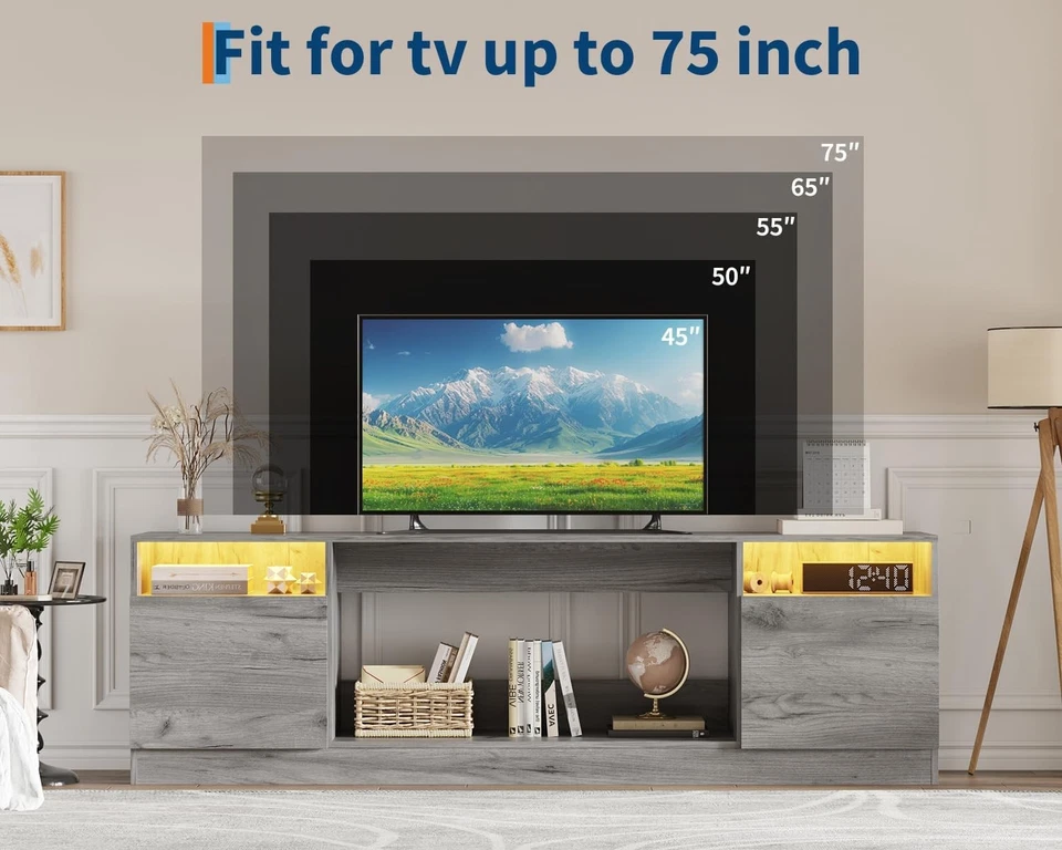 LED Light Modern Wooden TV Console Table with Storage Cabinet Fits TVs up to 75" - Image 2 of 4
