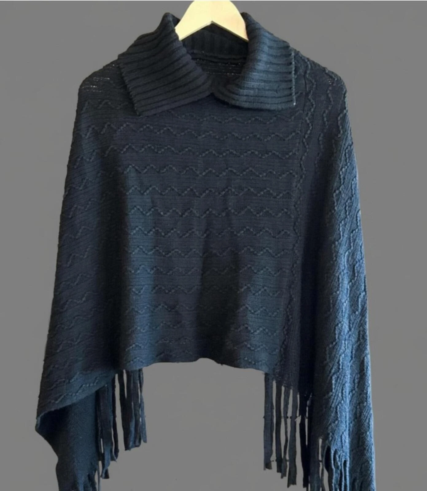 C Mode Boho Black Cable Knit Fringe Crop Sweater Poncho One Size Hippie