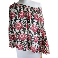Loft Blouse Floral Off Shoulder Peasant Blouse Red Rose Sheer Lined Chiffon XS