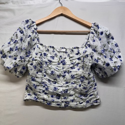 Elodie Gr. M blau Blumenmuster langes Puffärmel bauchfreies Oberteil gesmokt elastischer Bund