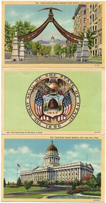 Salt Lake City Utah State Capital Eagle Gate State Seal WWll Post mark Postcards