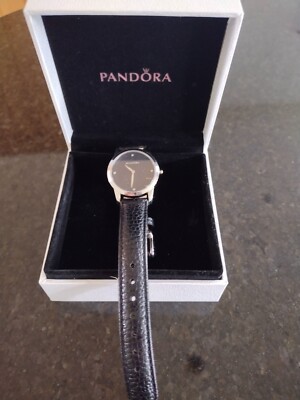 Genuine Pandora Watch Fleur Silver/Black with Black Leather Strap