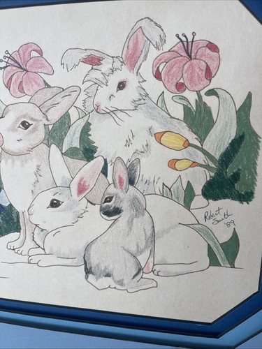 Hasen Kaninchen handkoloriert Zeichnung Radierung original mattiert 21x12,5" signiert - Bild 5 von 11