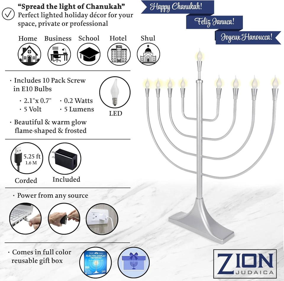 Extra Large Display Electric Menorah Satin Silver 23" Tall - with Flame Shaped B - Image 3 of 4