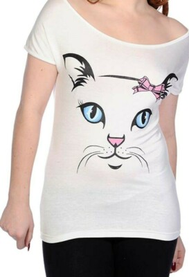 Kawaii White Cat Top Cute  L UK 12-14 Paw prints 