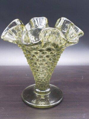 Smoll Fenton Green Hobnail Vase with Ruffle Rim 3.5inh
