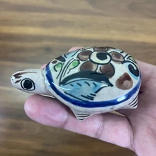 Vintage Tonala Mexican Gazed Clay Turtle Hand Painted Figurine  Signed