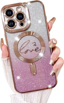 iPhone 14 Pro Case Love Heart Plating Camera Protection TPU Magnetic Glitter Pin
