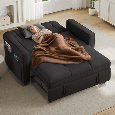Modern 3-in-1 Convertible Sofa Bed with USB Ports & Chaise - Black