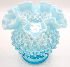 Vtg Fenton Aqua Baby Blue Opalescent Hobnail Ruffled Art Glass Vase 4.5" AS IS