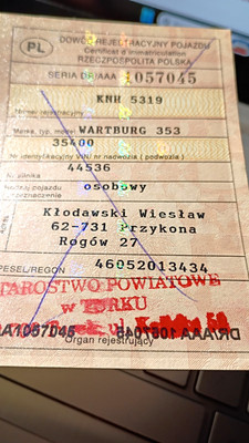 Poland Vehicle Registration  Document Dowód Rejestracyjny Wartburg 353 KNH 5319