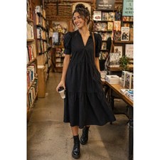 Who What Wear Black Tiered Midi Dress Puff Sleeve Boho Cottage Witchy Size Small