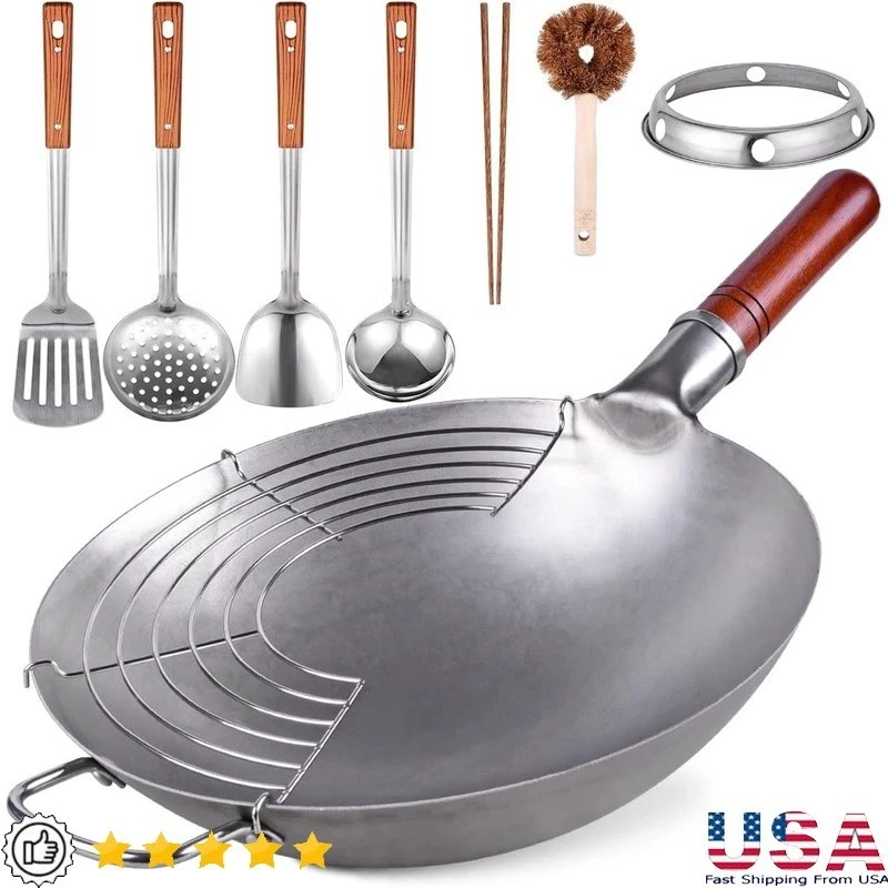 Traditional Hand Hammered Carbon Steel Wok Set W/ Utensils Cooking Tool New