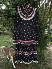 Black 1970s Gunne Sax Dress Tent Jessica McClintock Vintage Cotton Midi Lolita
