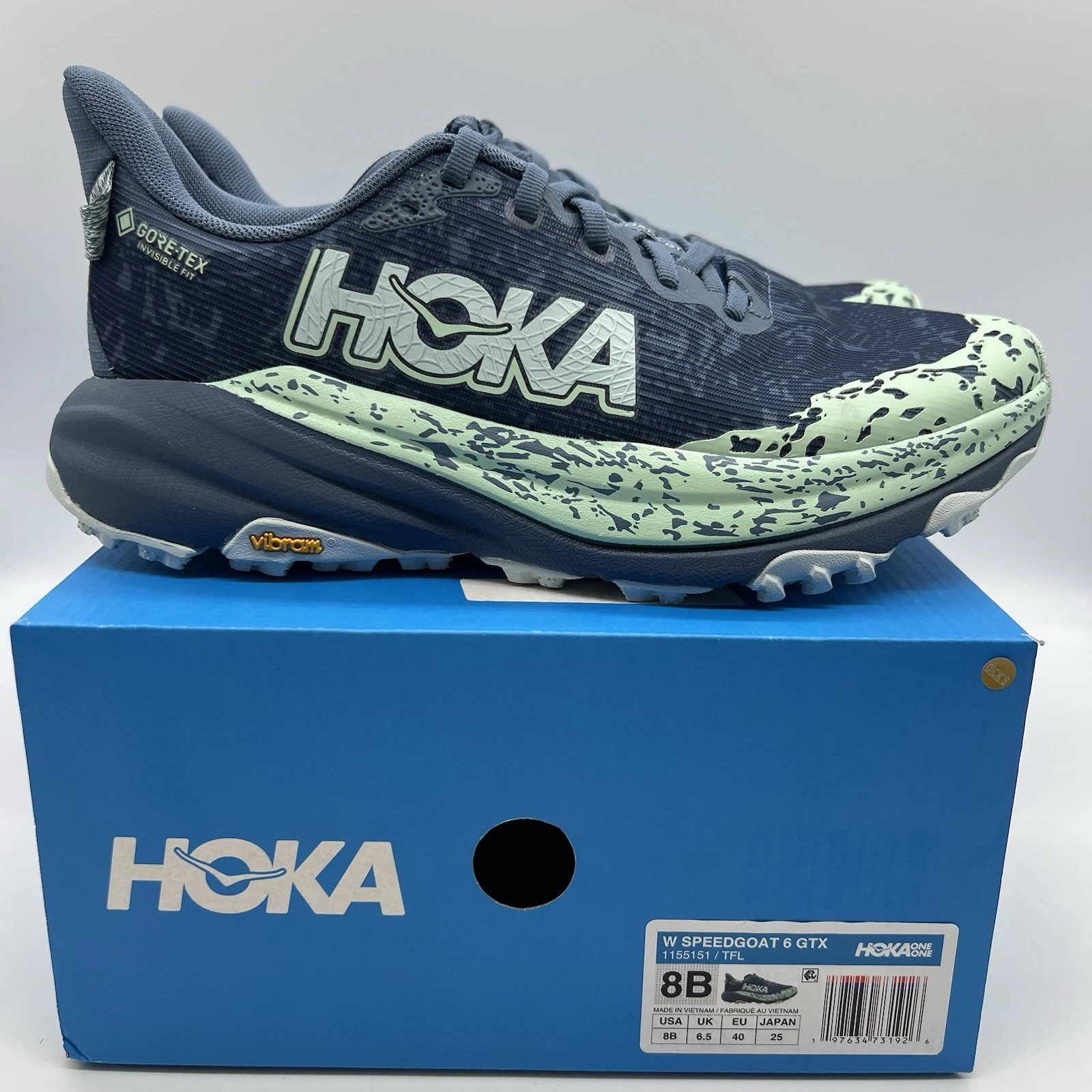 Hoka Speedgoat 6 Gore Tex Sz 8 Womens nby Grey Mint Green Trail Running Shoes