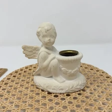Ceramic Angel Candle Stick Holder 4.25" High 4" W/ Brass Insert