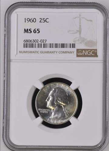 1960 Washington Quarter 25c NGC MS65 Gem BU 90% Silver Cert# 6806302-027