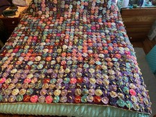 69"x41" Handmade Yo-Yo Quilt Scalloped Edge Multi-Color Floral Patterns Throw