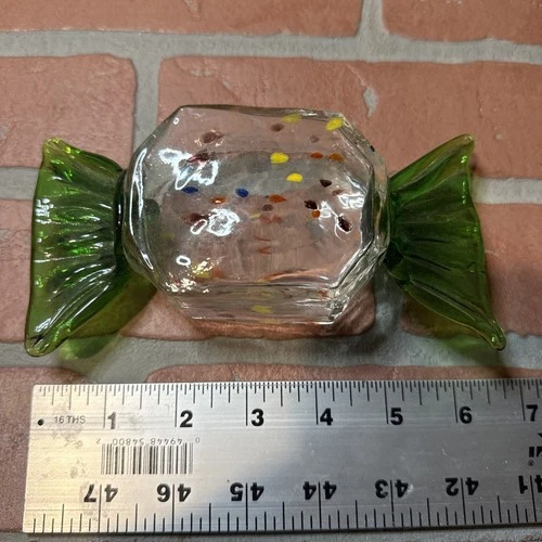 Vtg Large Art Glass Candy Murano Style Green Clear Speckle Hand Blown 6.5”