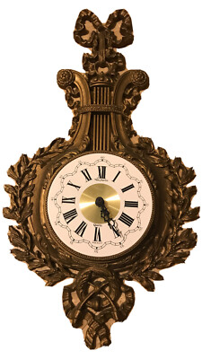 RIBBON BOW Burwood Syroco Ornate Clock 1968  Mid Century Hollywood Regency RARE