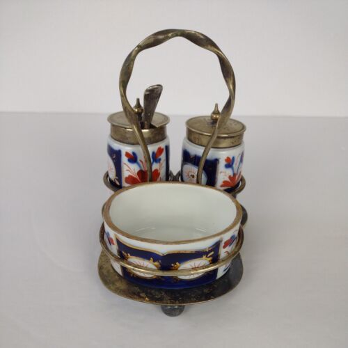 Antique Davenport Imari Salt, Pepper & Mustard Silver-Plated Stand Downton Abbey - Picture 3 of 7