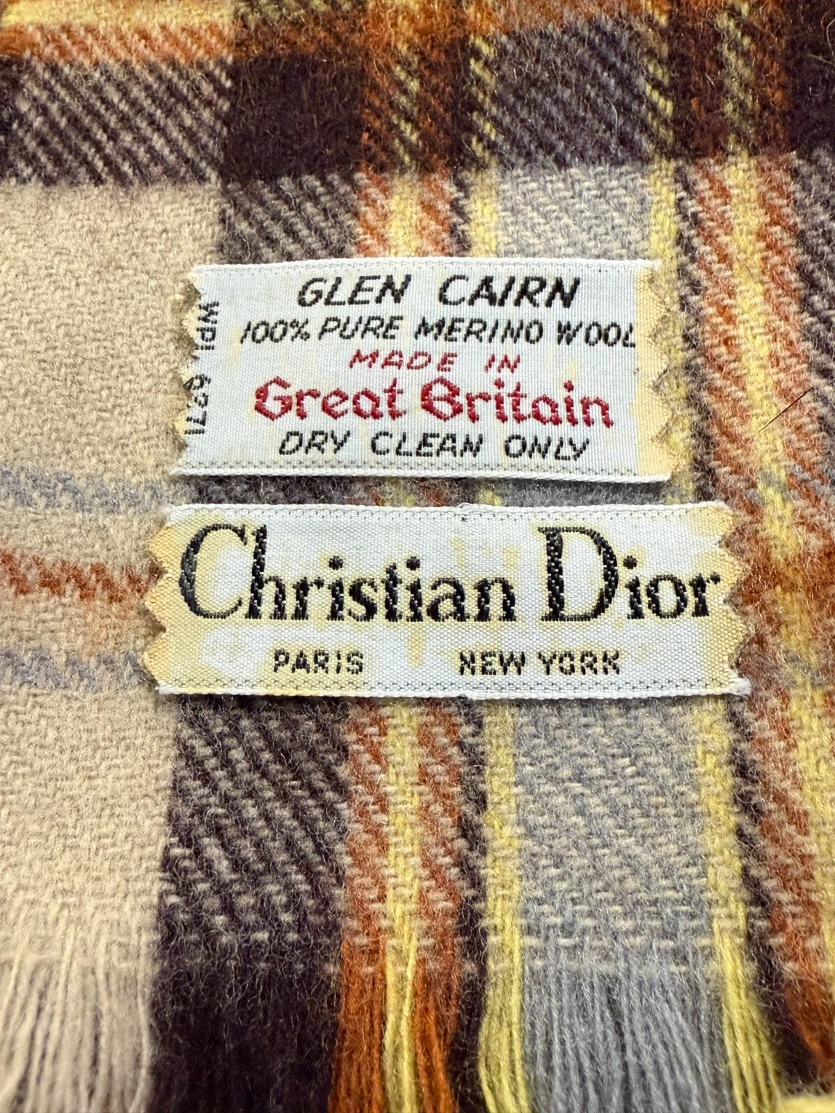 Foulard vintage Christian Dior crème/marron à carreaux laine mérinos made in Great Britain