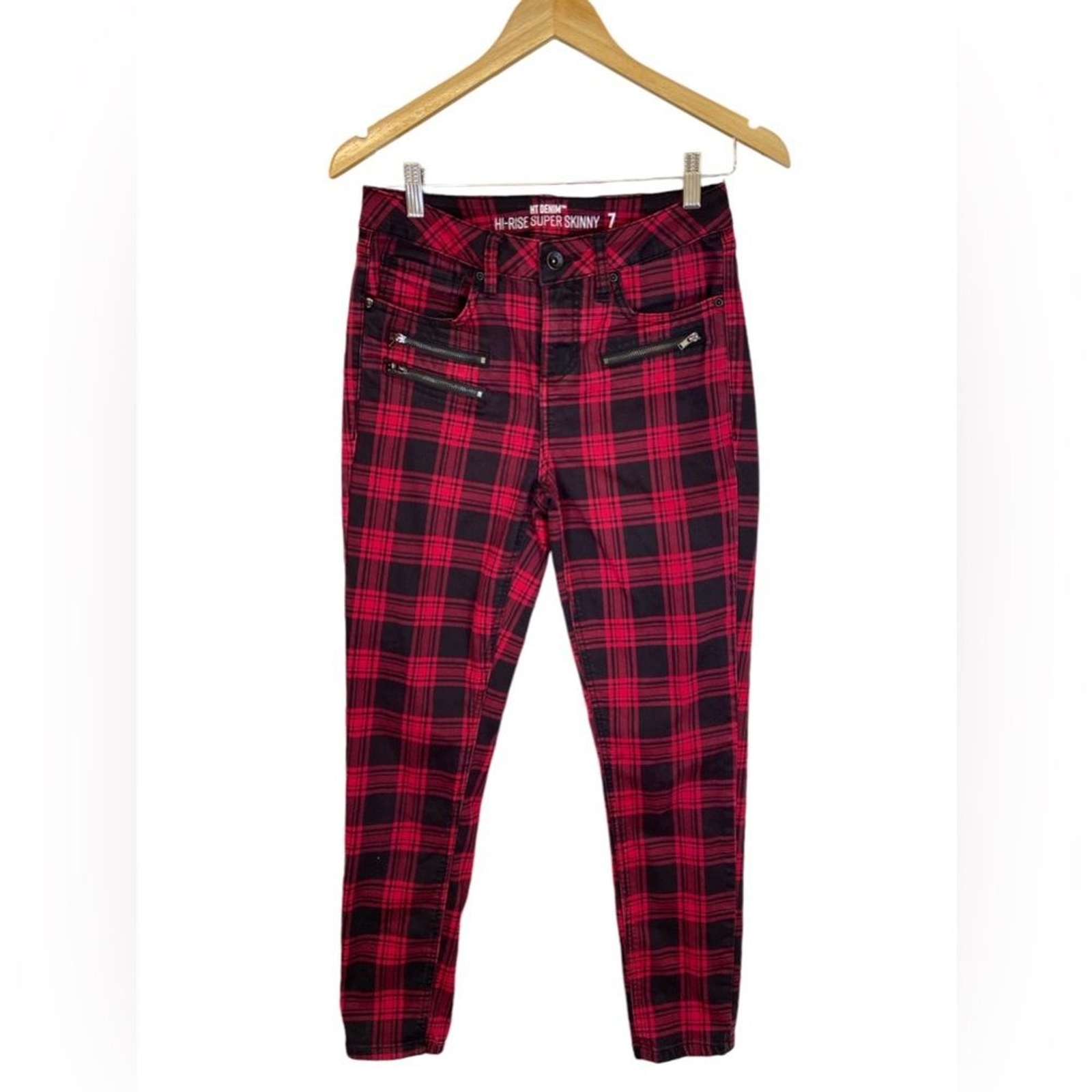 Hot Topic HT Denim Red Plaid Hi-Rise Super Skinny Size