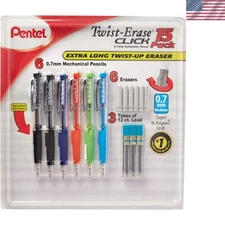 Twist-Erase Click Mechanical Pencil Set - 6 Pencils with 6 Erasers & Refills
