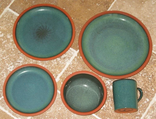 Set Vintage Suffolk Tableware Henry Watson Pottery England Green Plate Bowl Mug