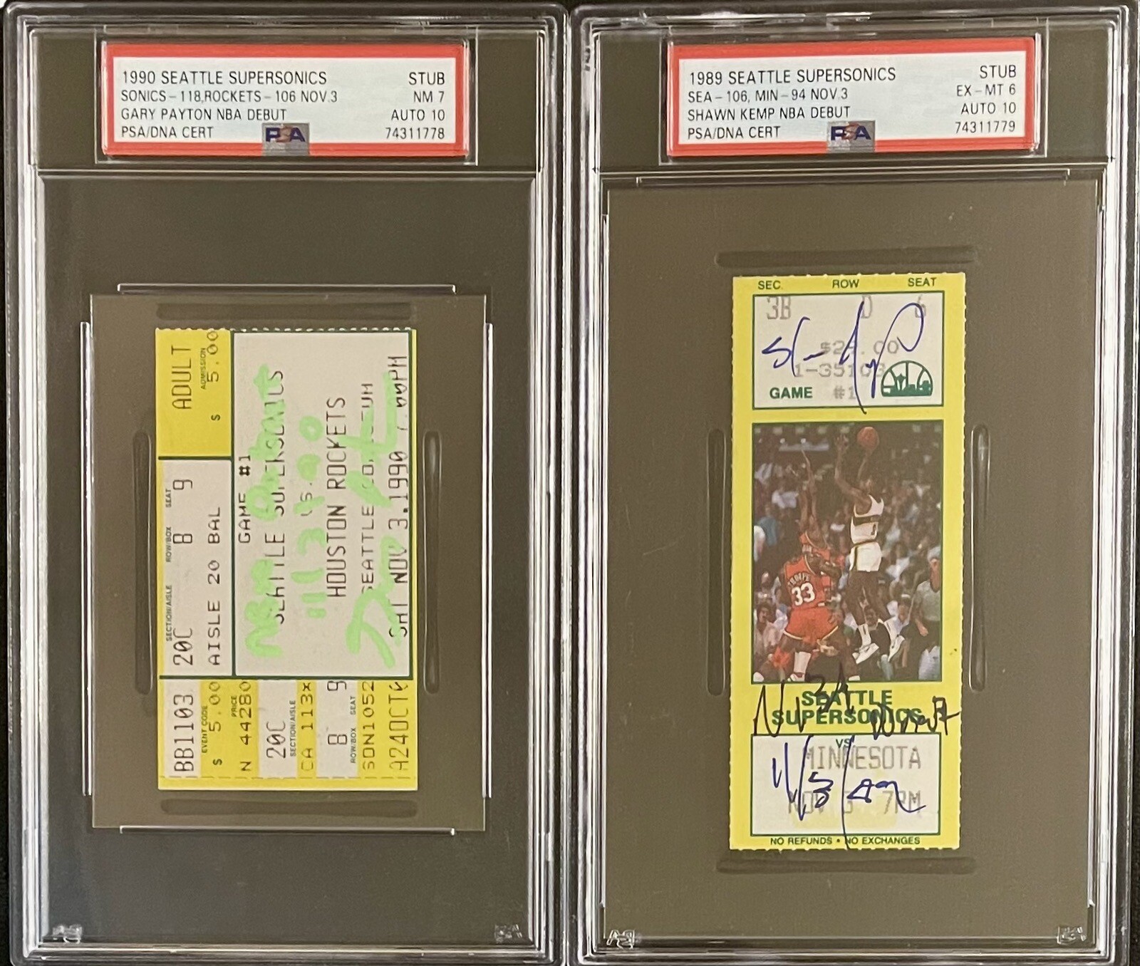 Gary Payton Autographed Signed Seattle Supersonics 1990 & 1989 SHAWN KEMP NBA DEBUT TICKETS BOTH PSA 7/6 AUTO 10 