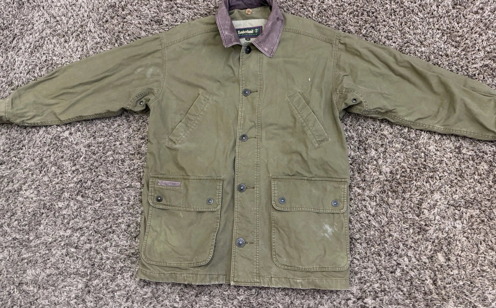 Vintage 1994 Timberland Jacket Distressed Military Green Button Up Sz Medium