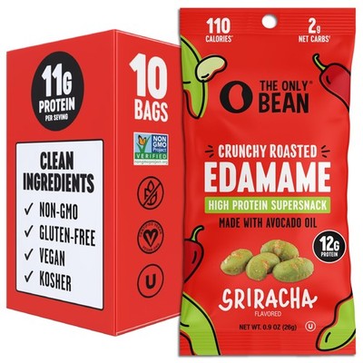 The Only Bean Crunchy Roasted Edamame Snacks Sriracha, Gluten Free, 0.9oz 10pk