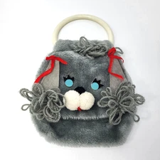 Russ Berrie Plush PUPPY DOG PURSE Gray Plastic Handle Vintage