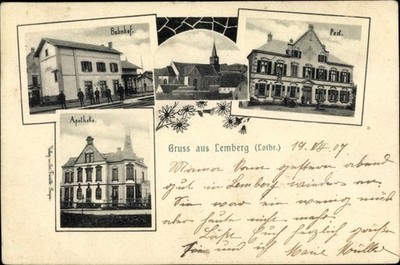 Ak Lemberg Lothringen Moselle, Bahnhof, Postgebäude, Apotheke, Kirche - 10699643