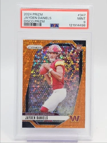 JAYDEN DANIELS 2024 PRIZM ROOKIE ORANGE DISCO COMMANDERS RC PSA 9 Q0004