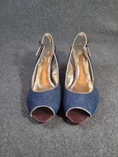 Blue Denim Slingback Heels – Size 9 • Metallic Gold Piping