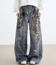 Men's Blue Denim Jeans Straight Leg Casual Pants Punk Printed Hip Hop Trousers