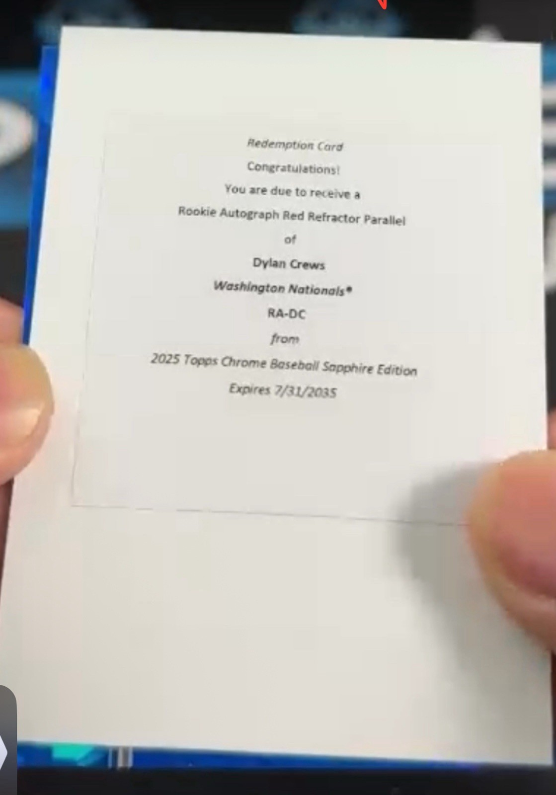 Dylan Crews 2025 Topps Chrome Sapphire RC Auto RED /5 Nationals REDEMPTION