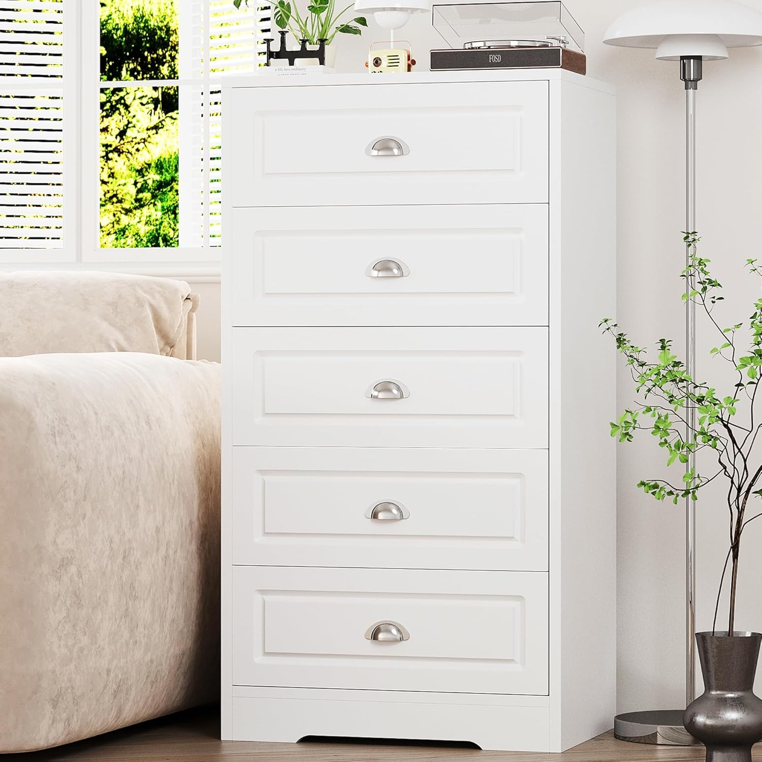 White 5-Drawer Wooden Dresser for Bedroom Vertical Storage
