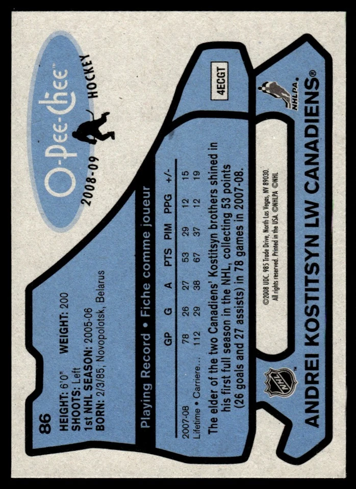 2008-09 O-Pee-Chee 1979-80 Retro Andrei Kostitsyn Montreal Canadiens #86 - Image 2 of 2