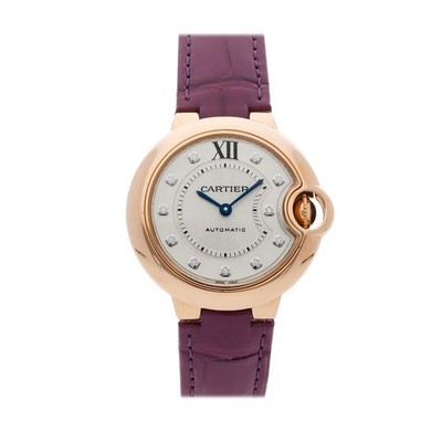 Cartier Ballon Bleu Rose Gold Auto 33mm Silver Diamond Strap Watch WE902063