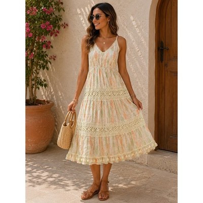 Me 2 Magic Women Cottagecore Block Print Crochet Lace Tiered Tassel Midi Dress M